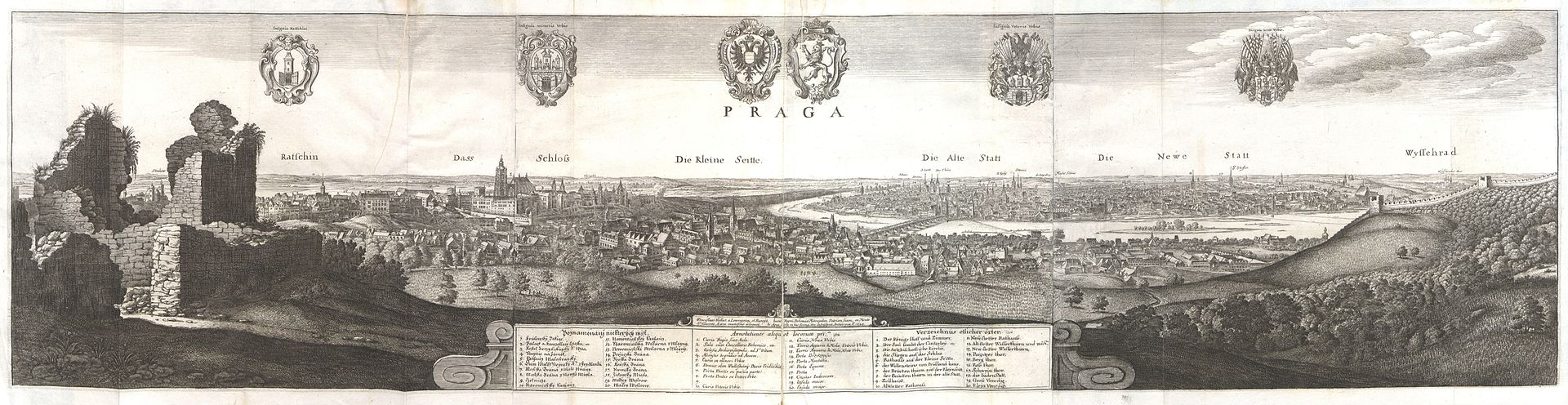 Václav Hollar - Pohled na Prahu z Petřína, 1649 podle kreseb z roku 1636