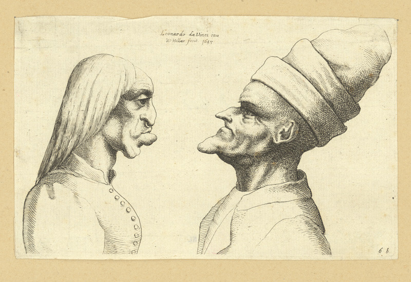 Václav Hollar - Dvě karikatury mužských hlav, podle Leonarda da Vinci 
