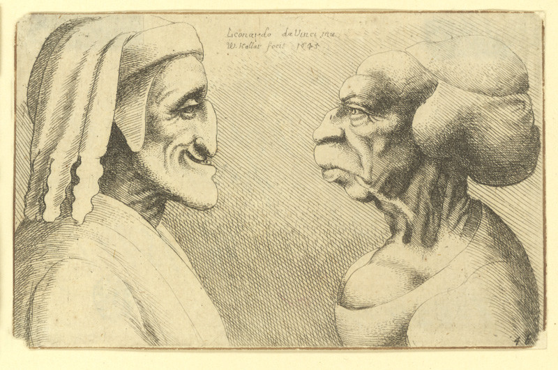 Václav Hollar - Dvě karikatury hlav – muž a žena, podle Leonarda da Vinci 